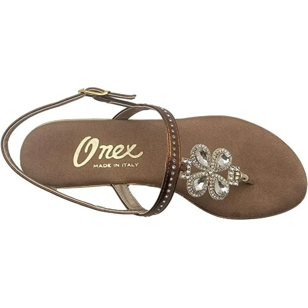 Women's Onex Leather Wedge Slide Sandals Bronze Swarovski Crystal Italy Size 10